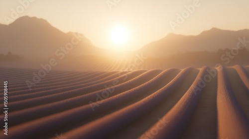 Lavender fields at sunset, mist-covered hills, tranquil countryside, possible use for a nature wallpaper or travel brochure