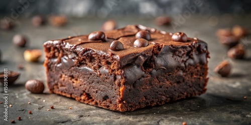 A decadent chocolate brownie with a rich, fudgy texture, topped with chocolate chips and a glossy glaze, resting on a rustic dark surface.