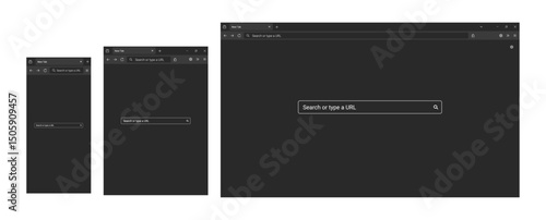 Website mockup template. Browser window with search bar and frames for PC, laptop, tablet, and mobile. Includes light, dark, and night modes. Vector illustration for UI and web presentations.	