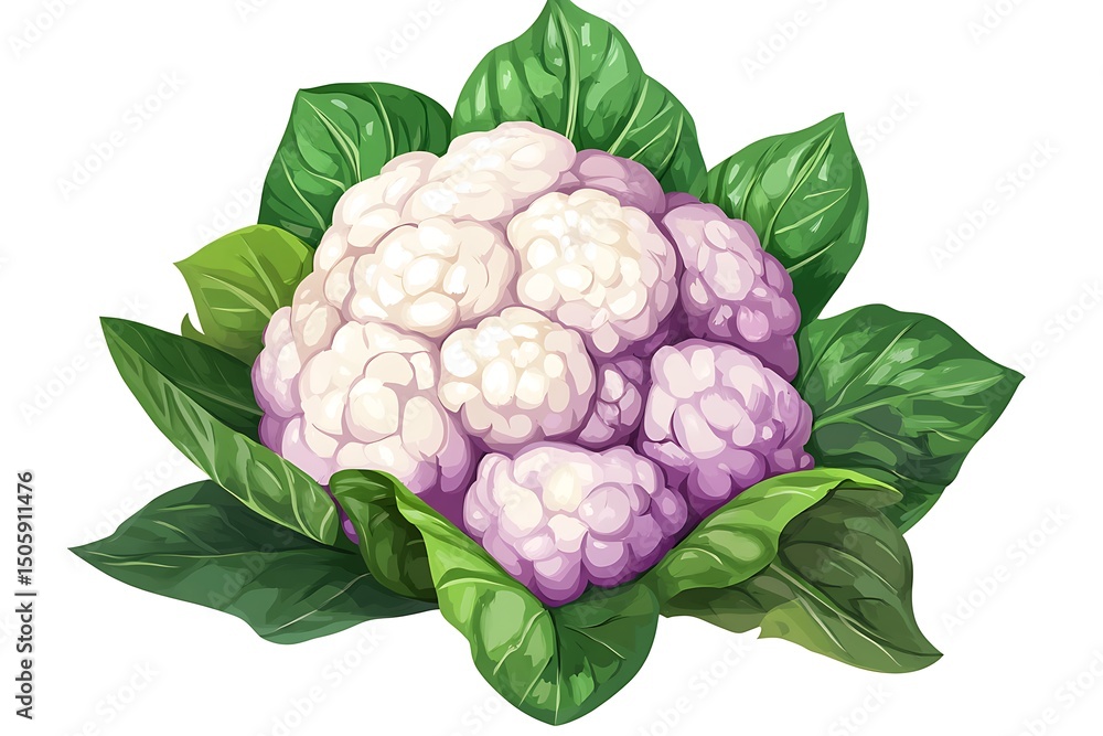Isolated Cauliflower Head with Green Leaves on White Background, Realistic Style Isolated Cauliflower Head with Green Leaves on White Background, Realistic Style