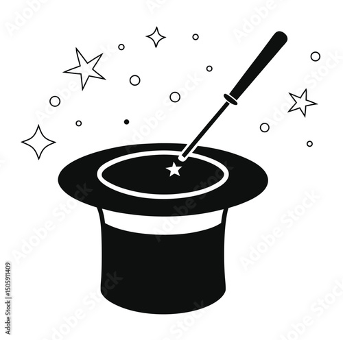 Magic hat with wand silhouette icon