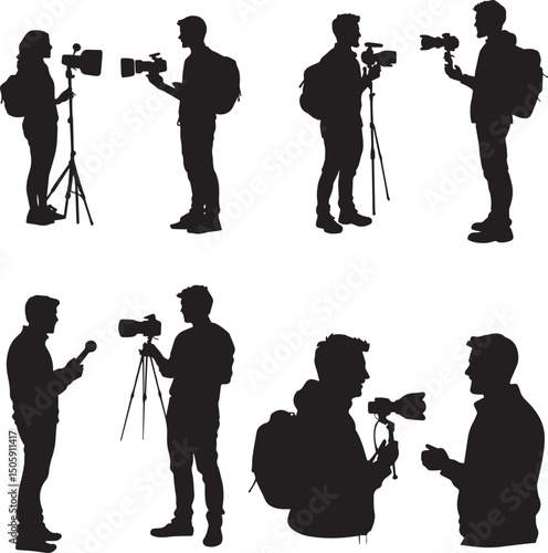Silhouette Videographers and Interviewers with Cameras Vector Set