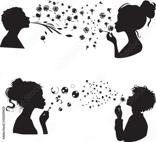 Silhouette People Blowing Dandelions and Bubbles Vector Art