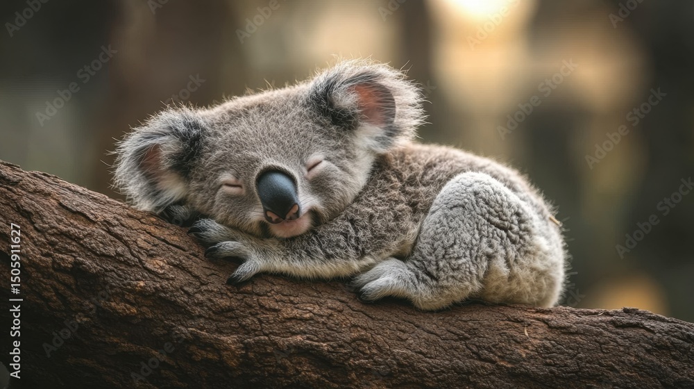 Obraz premium Cute Koala Sleeping Peacefully on a Branch in Natural Habitat