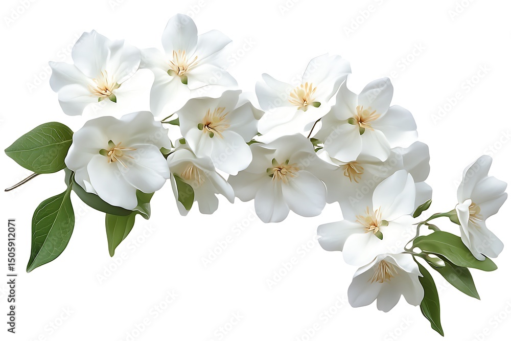 Fototapeta premium Magnolia Blossom Branch with Leaves Realistic Flower on White Background