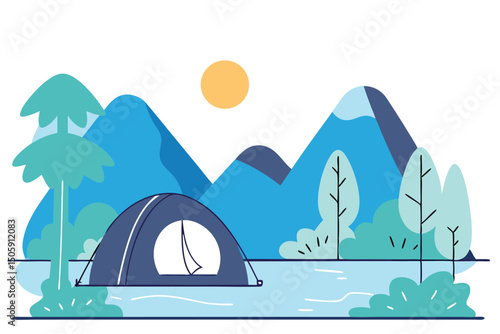 Serene Lakeside Camping Scene Mountain Views and Tent