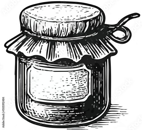 Black and white vintage illustration of a small jar with a tied cloth lid, symbolizing homemade preserves, storage, food, kitchen, rustic, vintage, and artisanal craftsmanship