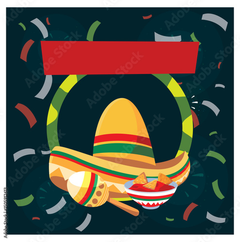 Vector Illustration of a Sombrero, Maracas and Nachos within a Circle Frame, Confetti, and a Red Rectangle.