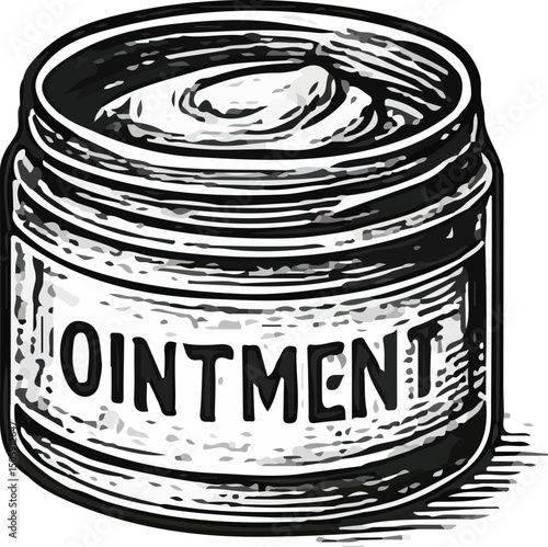 Black and white vintage illustration of an open ointment jar with visible cream inside, symbolizing skincare, medicine, health, healing, topical treatment, and pharmaceutical product