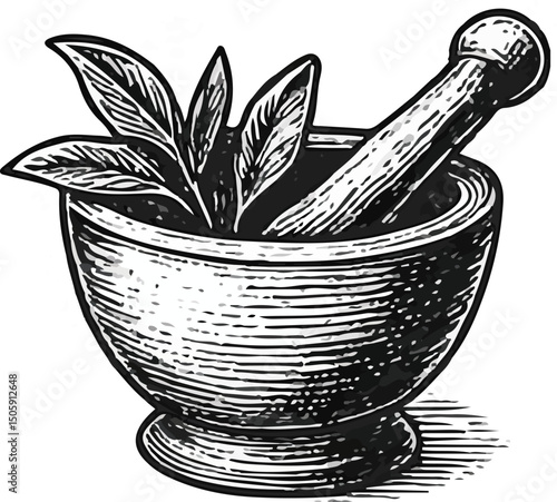 Black and white vintage illustration of a mortar and pestle containing fresh leaves, symbolizing herbal medicine, natural remedies, pharmacy, health, traditional healing, and botanical treatment