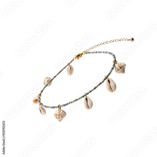 Close up of a beaded anklet with seashell charms on transparent background