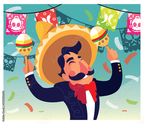 Vector Illustration of Mariachi with Maracas and Sombrero with Confetti and Papel Picado on a Blue Background