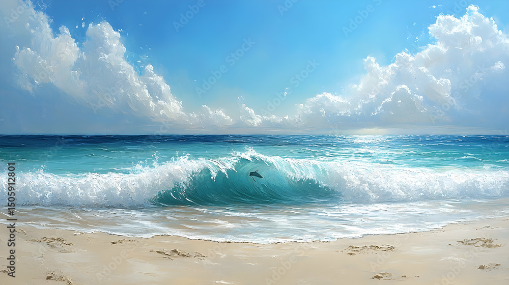 Obraz premium Azure waves crash on a sandy shore on a bright day.