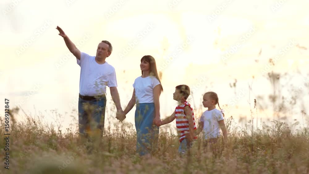 Smiling father shows route to loving family with children walking across meadow at sunset. Friendly family with children explores country nature. Man leads family and sibling children walking in field Smiling father shows route to loving family with children walking across meadow at sunset. Friendly family with children explores country nature. Man leads family and sibling children walking in field