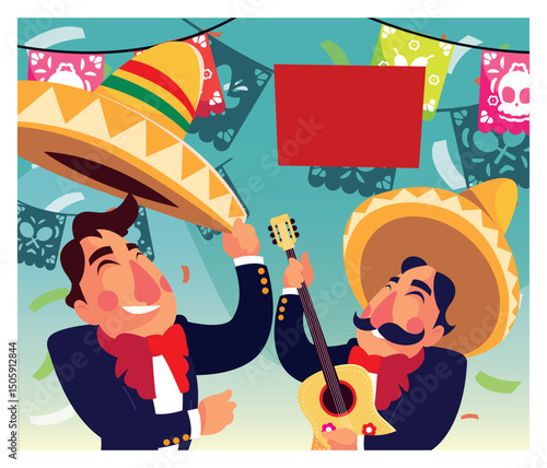 Vector Illustration of Two Mariachi Musicians, Papel Picado, and Red Square on Turquoise Background.