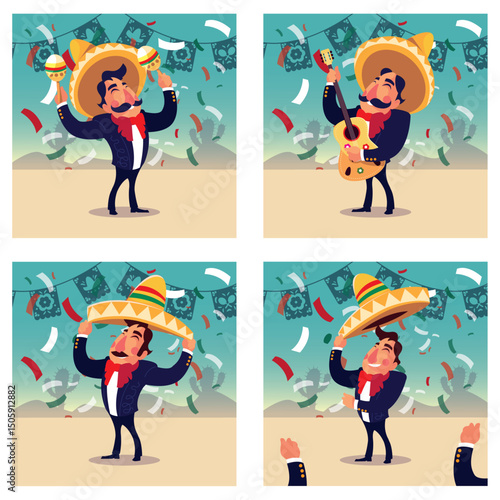 Vector Illustration Set of Mariachi Musicians Performing on Turquoise Background