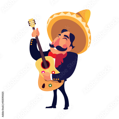 Vector Illustration of a Mariachi Musician Playing Guitar, Isolated on White Background.