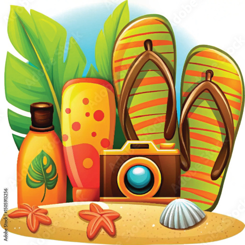 Summer beach accessories including flip flops, sunscreen, and camera  