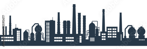 Industrial factories silhouette background. Oil refinery complex with pipes and tanks gas production rigs.