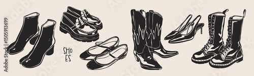 Different shoes. Heeled summer shoes, ankle, high cowboy boots, loafer. Casual leather footwear for women, men. Hand drawn modern Vector illustration. Trendy monochrome style. Isolated design elements
