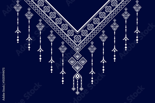 Geometric ethnic neckline flower pattern background. traditional style. decoration, textile, fabric, clothing.