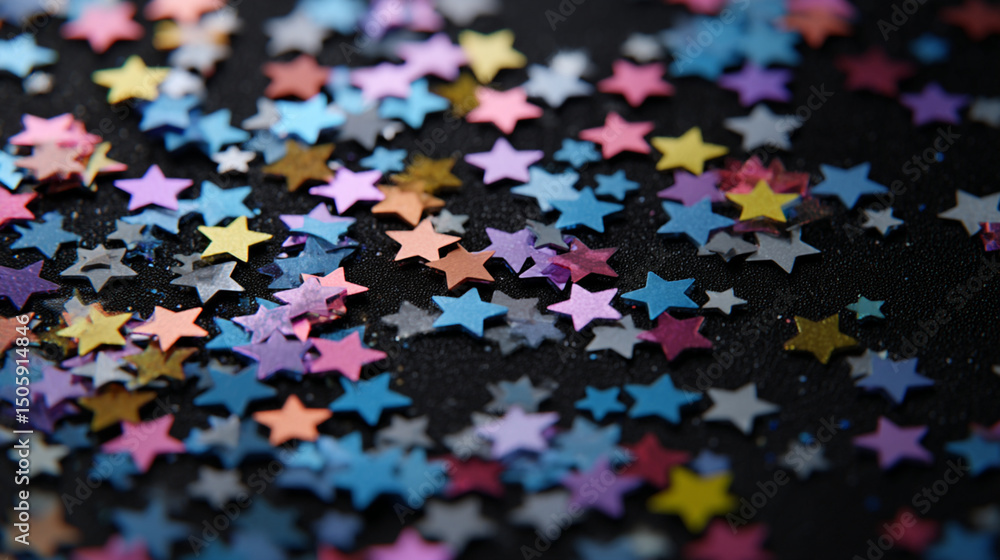 A scattered array of colorful star shaped confetti on a dark surface creating a festive atmosphere design A scattered array of colorful star shaped confetti on a dark surface creating a festive atmosphere design