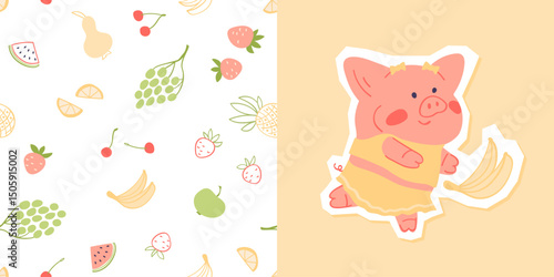 Cute collection with print cartoon animal and seamless pattern. Vector fruits background in simple style. Adorable pig design element.