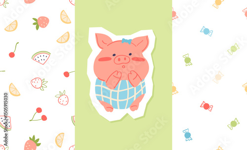 Cute collection with print cartoon animal and seamless pattern. Vector fruits background in simple style. Adorable pig design element.