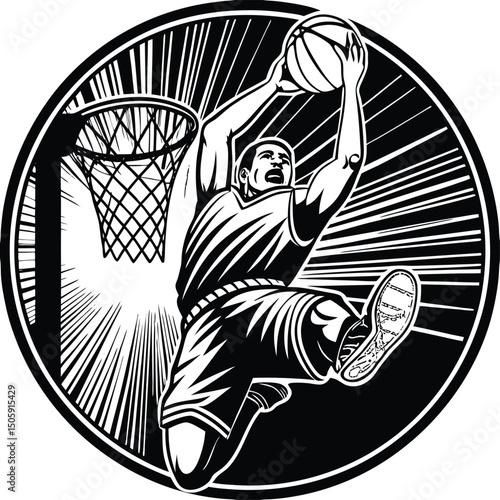 Slam Dunk: An Energetic portrayal of basketball player mid-air. He is about to slam dunk the ball into the net, surrounded by a graphic style