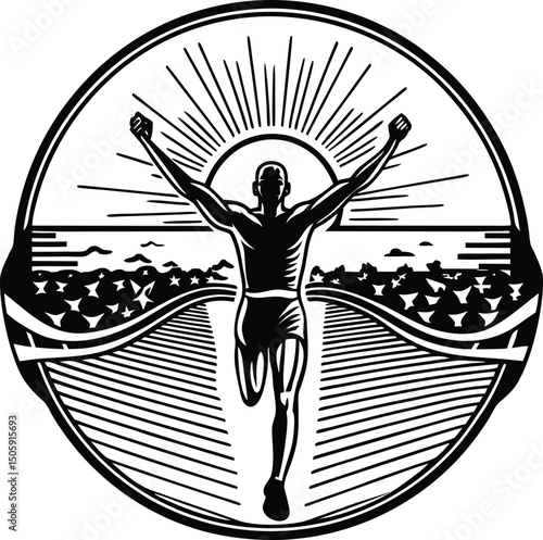 Champion Silhouette Reaches Pinnacle: A stark silhouette of a runner, arms raised in triumphant victory, sprinting towards a radiant sun, set within a circular design. Evoking a sense of strength.