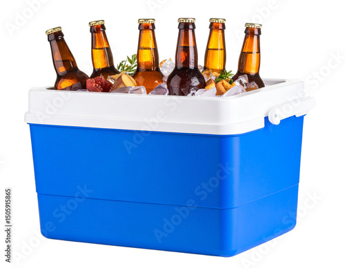 Blue Foam Cooler Box with Ice and Refreshments – Transparent Background