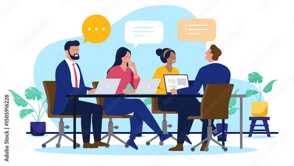 Diverse business professionals engaged in lively discussion and idea exchange during a collaborative office meeting, utilising laptops for teamwork and planning. Flat design vector illustration Diverse business professionals engaged in lively discussion and idea exchange during a collaborative office meeting, utilising laptops for teamwork and planning. Flat design vector illustration
