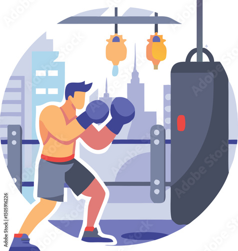 Boxing Training Scene: A boxer vigorously practices in a well-lit boxing ring, targeting a heavy bag amidst a city backdrop, encapsulating dedication and the essence of the sport.