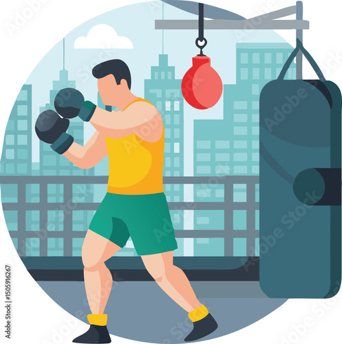 Training Session: A determined boxer practices in a boxing gym, focusing on technique and strength building. The image captures dedication, the essence of athletic training, and urban atmosphere.