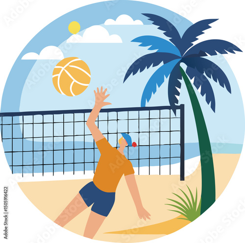 Beach volleyball action: A stylized illustration of an athlete spiking a volleyball near the ocean. A vibrant representation of beach life, perfect for projects related to sports, recreation.
