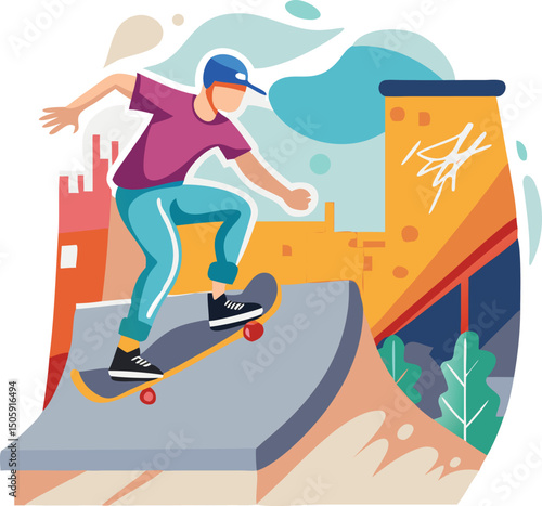 Skateboarder in Action: Dynamic illustration of a skater performing a trick at the skate park, showcasing the energy of urban youth culture. 