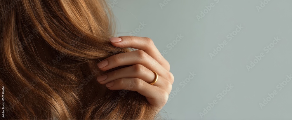 The hand gently holds the flowing hair with a golden ring. The hand gently holds the flowing hair with a golden ring.