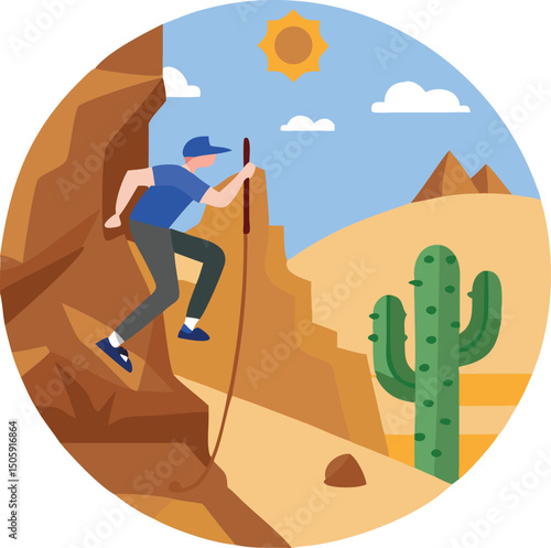 Climber's Resolve: A determined individual conquers a rocky ascent in a vibrant, illustrated landscape, embodying the spirit of adventure and the challenge of human endeavor.