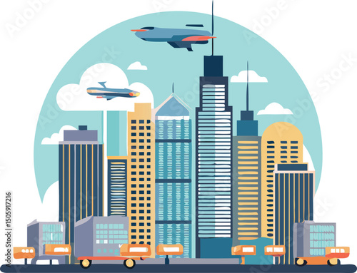 Modern Metropolis: A futuristic skyline of towering skyscrapers and flying vehicles against a clear sky. The cityscape reflects the innovation of modern architecture and transportation.