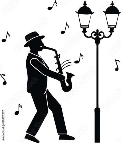 Saxophonist Silhouette: A stylized silhouette of a saxophonist performing under a street lamp, musical notes dancing in the air.  