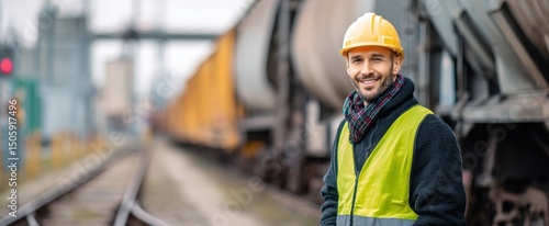 The smiling construction worker standing confidently near a railway station.