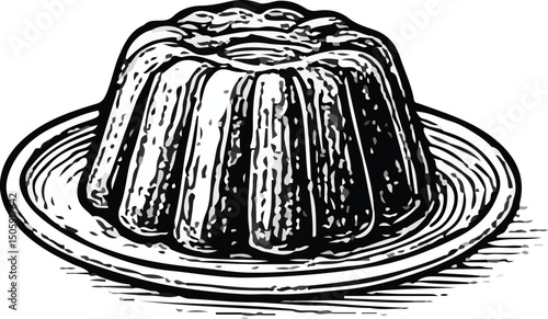 Black-and-white line drawing of a molded gelatin dessert on a plate, showcasing its smooth, wavy texture and classic shape. Perfect for culinary, dessert, and vintage food themes