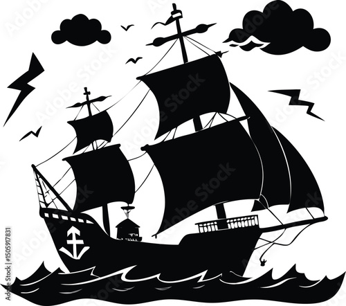 Sailboat Silhouette in Storm: A silhouette of a majestic sailboat braving a fierce storm on the open sea, capturing the adventure and fortitude of a classic maritime voyage.