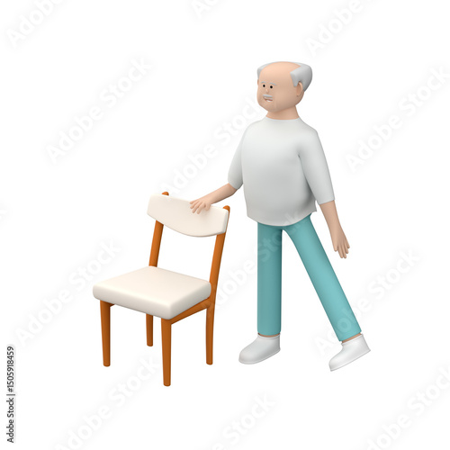 Senior male doing side leg raise using chair, 3d render