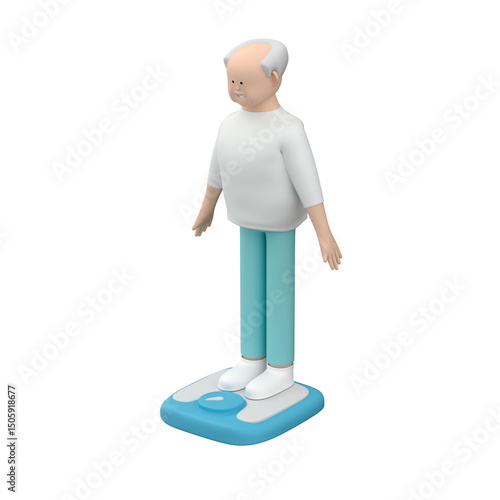 Elderly male character standing on scales and looking at his weight, 3d render