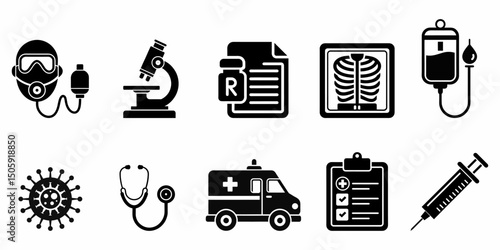 Medical Icons Set – Virus, Vaccine, Stethoscope, Ambulance, Report, X-ray, IV, and Equipment Symbols