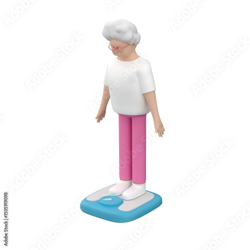 Elderly female character standing on scales and looking at her weight, 3d illustration