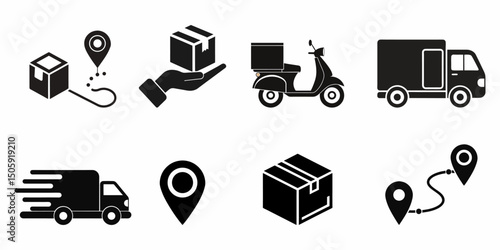 Delivery and Logistics Icons – Package, Route, Vehicle, and Tracking Symbol Set for Shipping Services