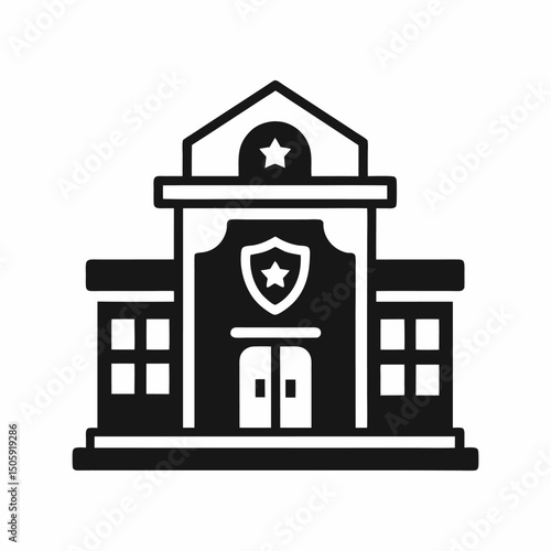Police Station Icon – Law Enforcement Building Silhouette for Security and Safety Designs