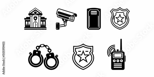 Police and Security Icon Set – Badge, Handcuffs, Radio, Surveillance, Shield Vector Symbols